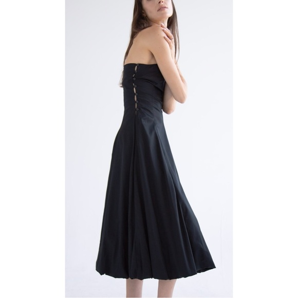NWT Y-Y New York Black Side Button Detail Strapless Cotton Midi Dress sz L